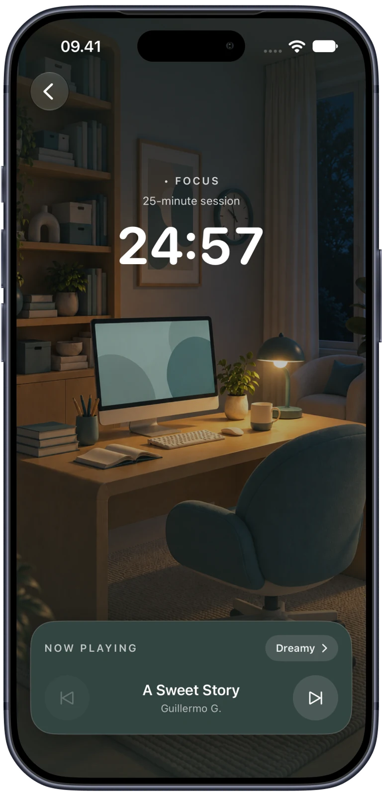 Polofi on iPhone, showing a focus timer and the Dreamy playlist in a cozy nighttime workspace