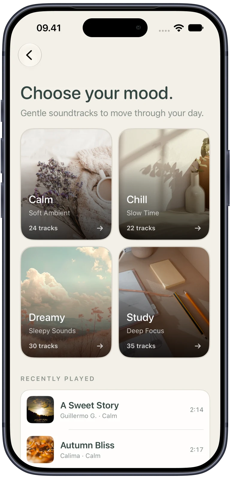 Polofi music playlists: Calm, Chill, Dreamy, and Study