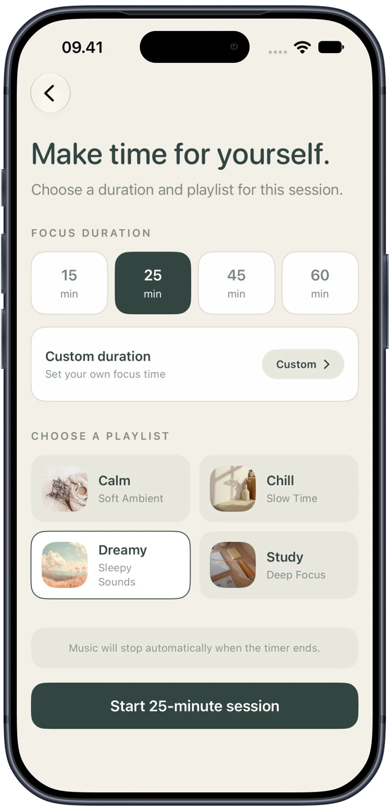 Set your focus duration and choose a playlist in Polofi