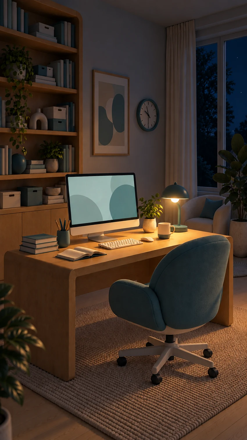 A quiet workspace lit by a desk lamp at night